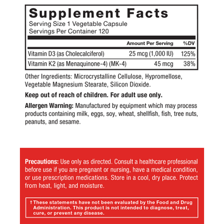 Supplement Facts label for Force Factor Vitamin D3 and K2 capsules 25mcg