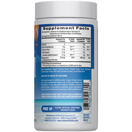 Supplement Facts label for Natural Vitality Calm Kids Magnesium Gummies