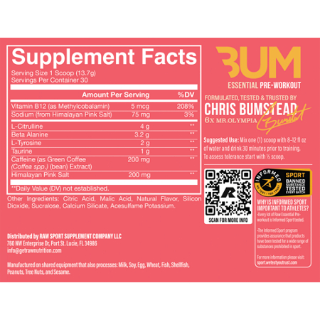 Supplement Facts label for RAW Essential Pre-Workout Citrus Grapefruit