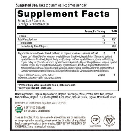 Om Mushroom Gummies Supplement Facts Label, 250MG Ashwagandha