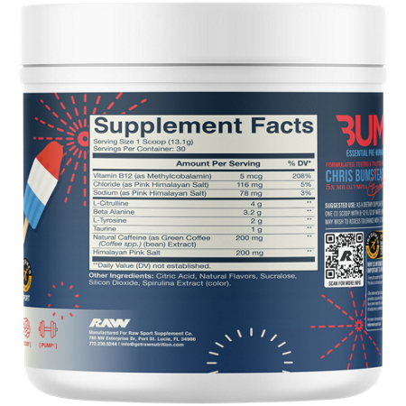 Supplement Facts label for RAW Essential Pre-Workout Red White BUM