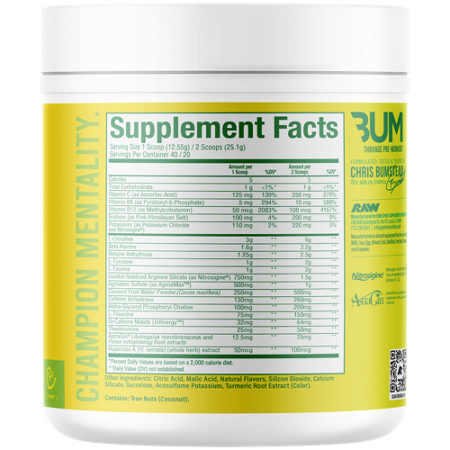 Supplement Facts label for RAW Thavage Pre-Workout Powder Lemon Lime