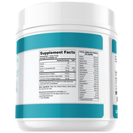 Supplement Facts label for Gorilla Mind Collagen Peptides Powder Blue Raspberry