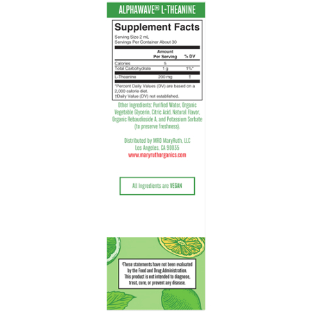 Supplement Facts label for MARYRUTH'S L-Theanine Liquid Drops Lemon Lime
