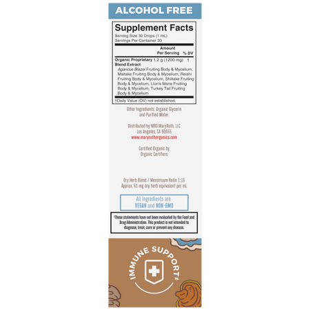 Supplement Facts label for MARYRUTH'S Organic Mushroom Complex Liquid Extract