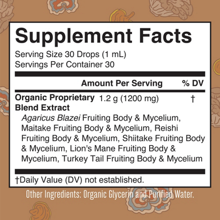 Supplement Facts label for MARYRUTH'S Organic Mushroom Complex Liquid Extract