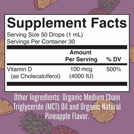 Supplement Facts label for MaryRuths Megadose Organic Vitamin D3 Liquid Drops