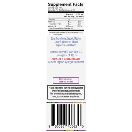 Supplement Facts label for MaryRuth's Megadose Organic Vitamin D3 Liquid Drops