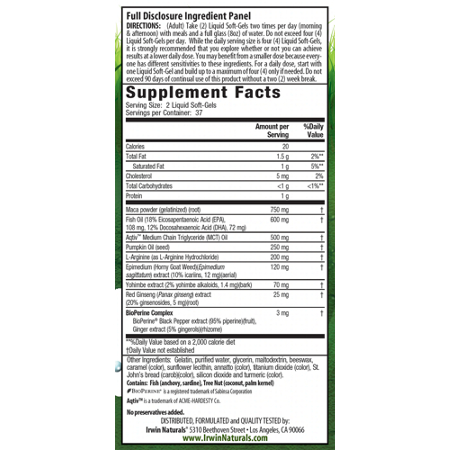 Irwin Naturals Steel-Libido X2 Supplement Facts Label