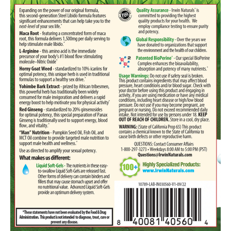 Irwin Naturals Steel Libido X2 directions, liquid soft gels