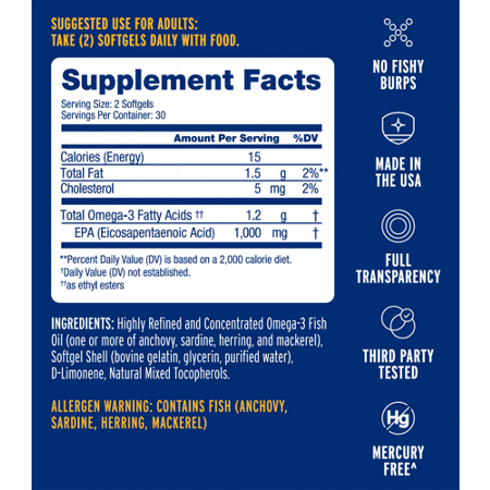 Supplement Facts label for Ocean Blue Mood Food Omega-3 Fish Oil 1000mg EPA