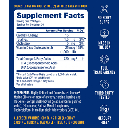 Supplement Facts label for Ocean Blue Everyday Omega Omega 3 Fish Oil Minis