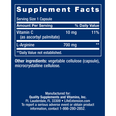 Life Extension L-Arginine Supplement Facts Label