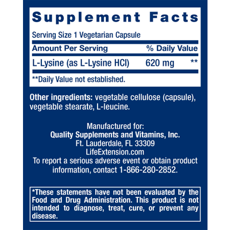 Supplement Facts for Life Extension L Lysine 620 MG