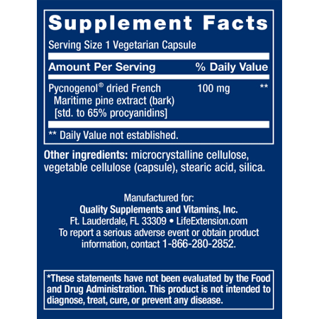 Supplement Facts label for Life Extension Pycnogenol Pine Bark Extract 100 MG