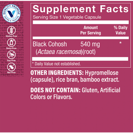 Supplement Facts label for Black Cohosh Root for Women's Health 540 MG