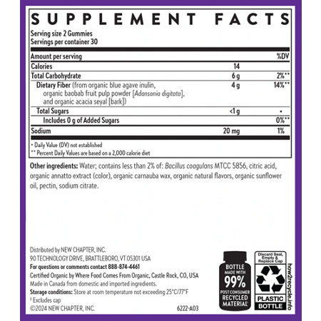 Supplement Facts label for New Chapter Organic Prebiotic Fiber Gummies