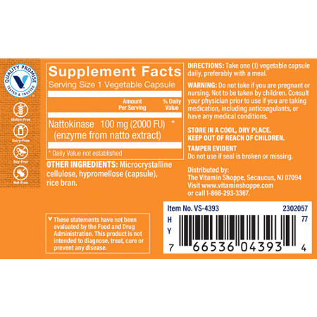 Supplement Facts label for The Vitamin Shoppe Nattokinase 100 MG