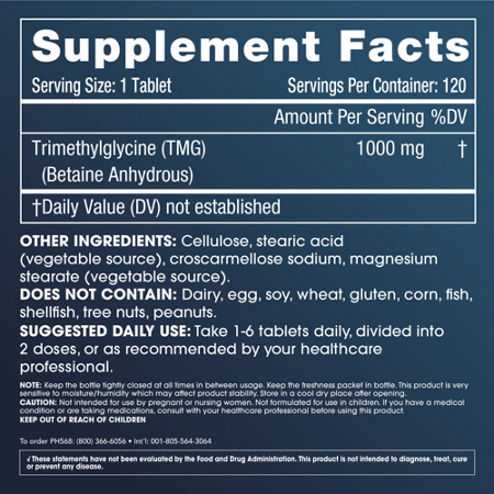 Supplement Facts label for ProHealth Longevity TMG Pro Tablets 1000 MG