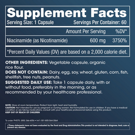 Niacinamide 600 MG Supplement Facts label