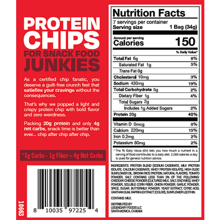 Legendary Foods Popped Protein Chips Pizza label