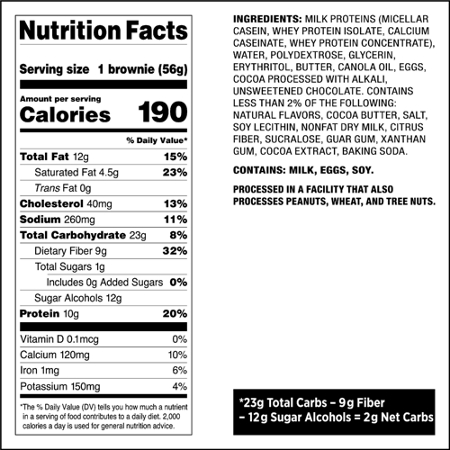 Supplement Facts label for Quest Nutrition Quest Bake Shop Brownies Chocolate