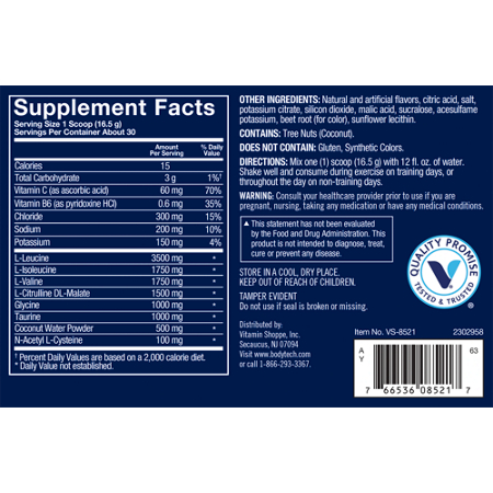 Supplement Facts label for BodyTech Elite Ultimate BCAA