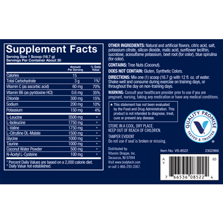 Supplement Facts label for BodyTech Elite Ultimate BCAA Grape