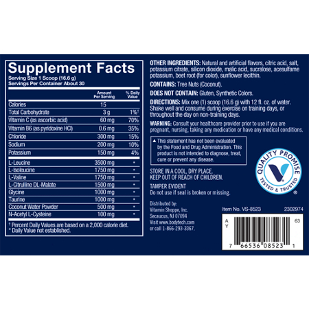 Supplement Facts label for BodyTech Elite Ultimate BCAA Strawberry Kiwi