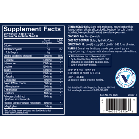 Supplement Facts label for BodyTech Elite Ultimate EAA Grape