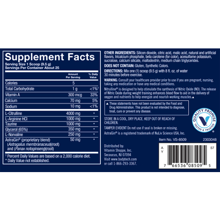 Supplement Facts label for BodyTech Elite Nitrulline Powder Mango