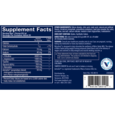 Supplement Facts label for BodyTech Elite Nitrulline Powder Watermelon