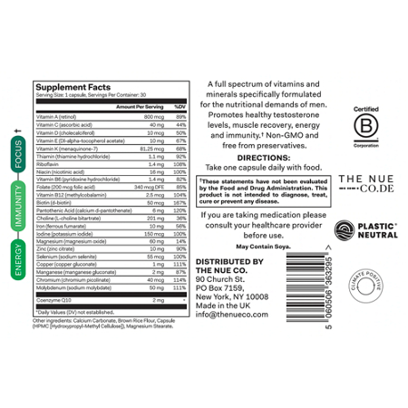Supplement Facts label for The Nue Co Mens Multivitamin