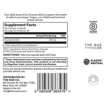 Supplement Facts label for Coenzyme Q10 200 MG Capsules