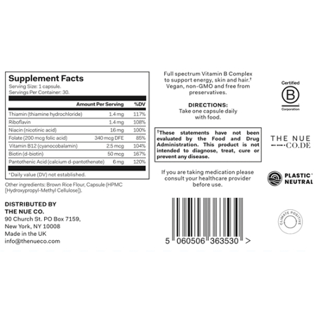 Supplement Facts label for The Nue Co Vitamin B-Complex