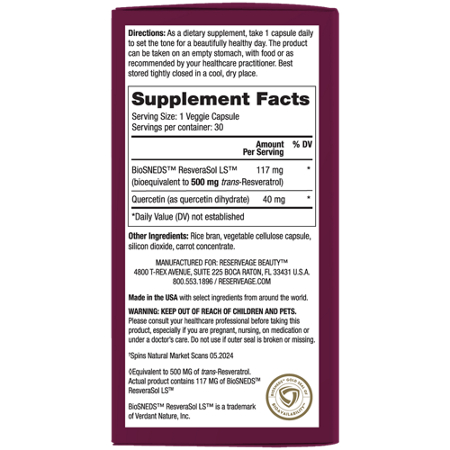 Supplement Facts for Reserveage Resveratrol Plus+ 500MG