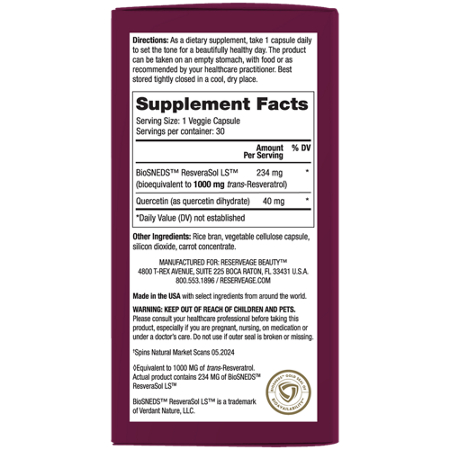 Supplement Facts for Reserveage Resveratrol Plus+ 1000MG
