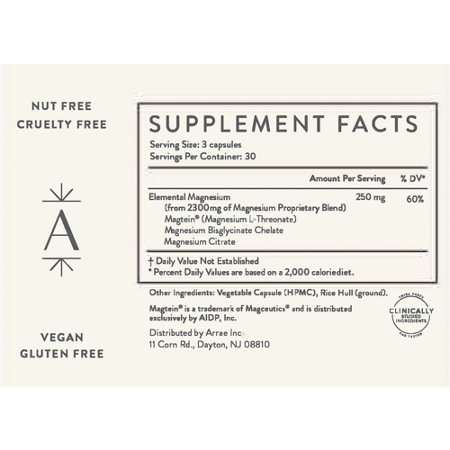 Supplement Facts label for Arrae Magnesium Bioavailable Blend