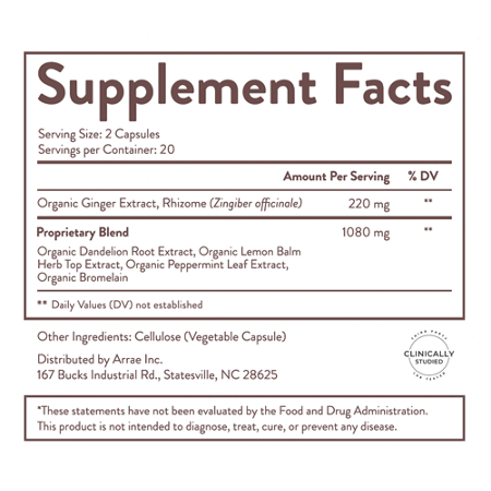 Supplement Facts label for Arrae Bloat Gas and Indigestion Support capsules