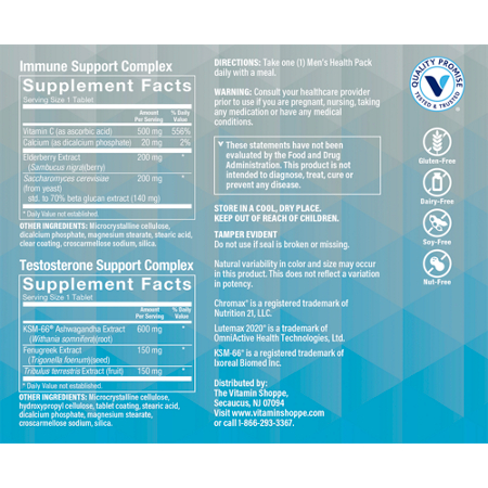 Supplement Facts label for The Vitamin Shoppe Men's Health Packs