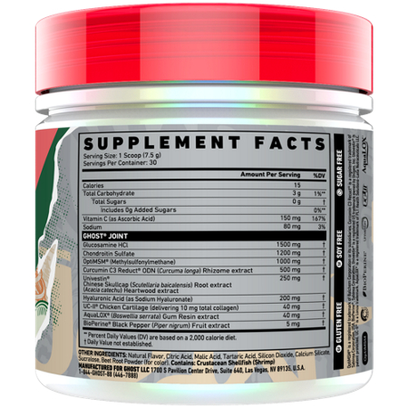 Supplement Facts label for GHOST Joint Support Kiwi Strawberry