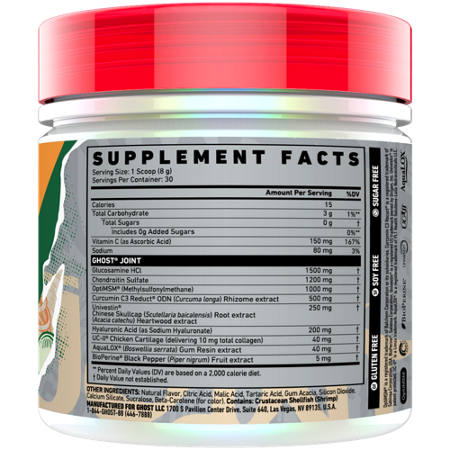 Supplement Facts label for GHOST Joint Support Orange Cream
