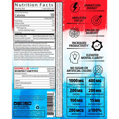 Supplement Facts label for Gorilla Mind Energy Drink Bombsicle 16 Fl Oz