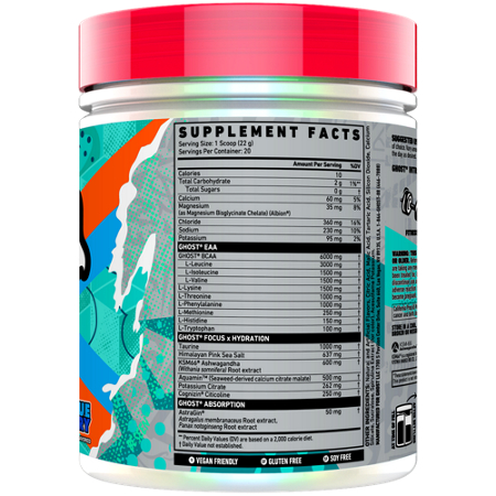 Supplement Facts label for GHOST Intra EAA BCAA Hydration Blue Raspberry