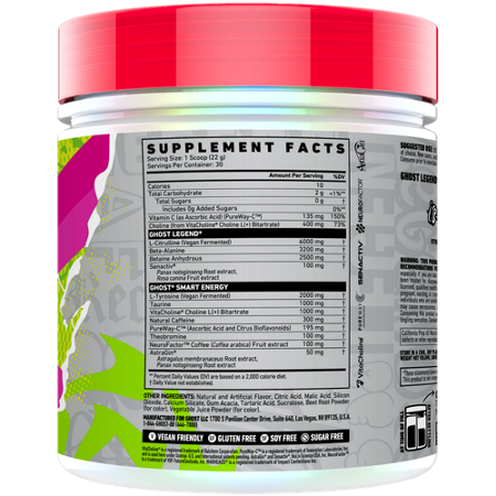 Supplement Facts label for GHOST Legend V4 Pre Workout WARHEADS Sour Watermelon