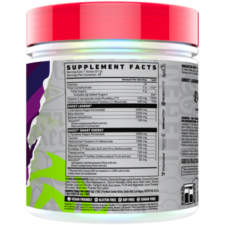 Supplement Facts label for GHOST Legend V4 Pre-Workout Welchs Grape
