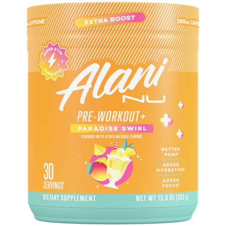 Alani Nu Pre-Workout with Extra Boost Paradise Swirl container front
