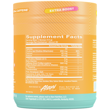 Supplement Facts label for Alani Nu Pre-Workout with Extra Boost Paradise Swirl