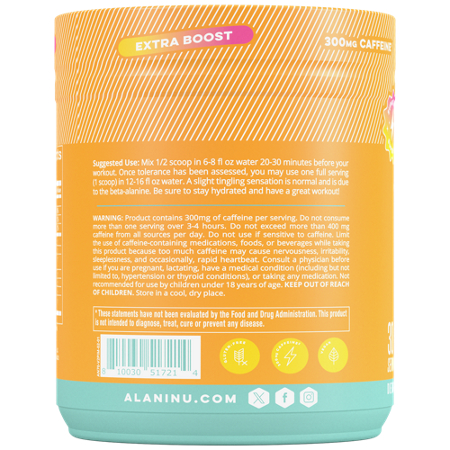 Alani Nu Pre-Workout Extra Boost Paradise Swirl label
