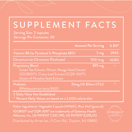 Supplement Facts label for Arrae MB-1 Supports Optimized Metabolic Burn